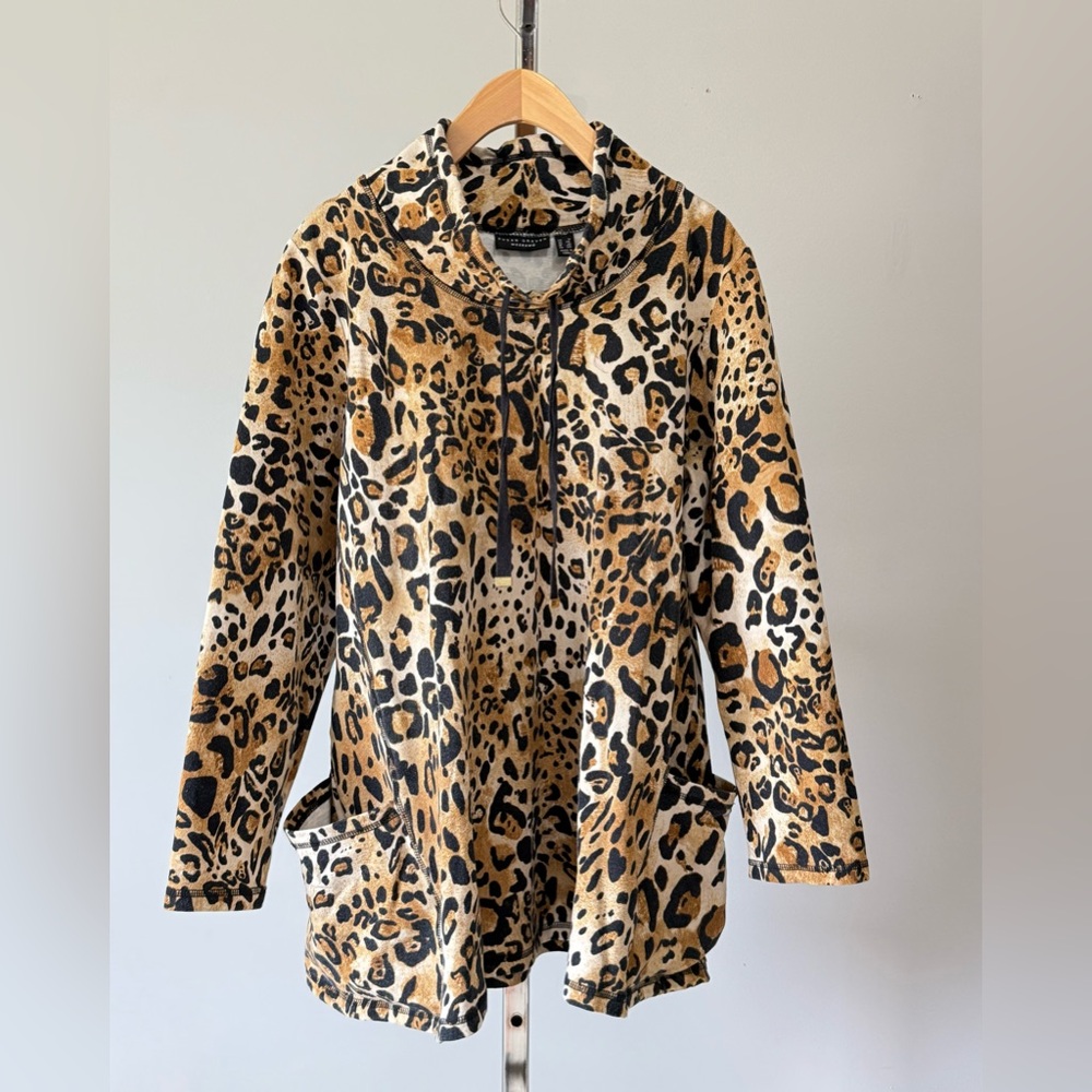 Susan Graver Weekend Printed French Terry Mock Neck Tunic Tan (Leopard) 1X